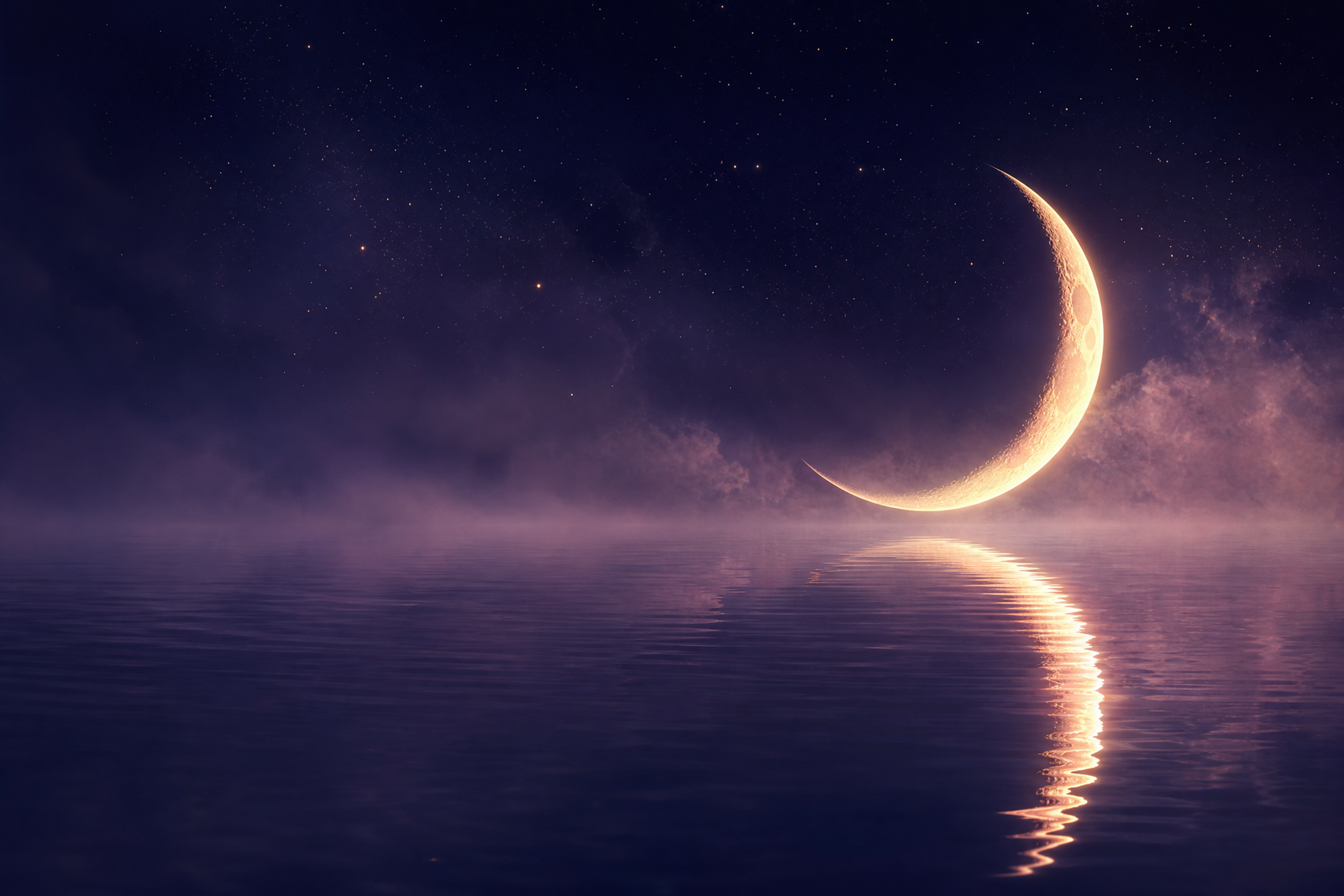 Luna creciente reflejada sobre el agua, símbolo de equilibrio